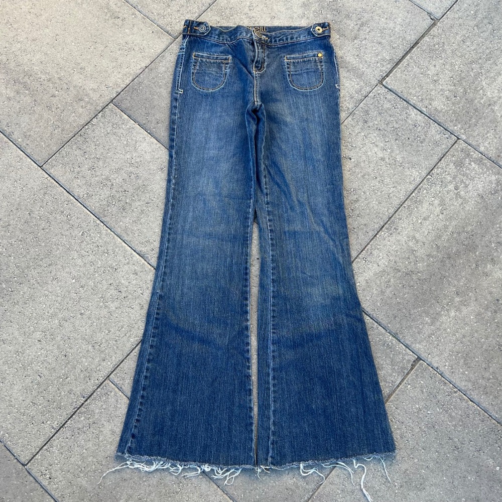 ONeill Womens Y2K Low Rise Flare Jeans Medium Wash Frayed Hem Size 3